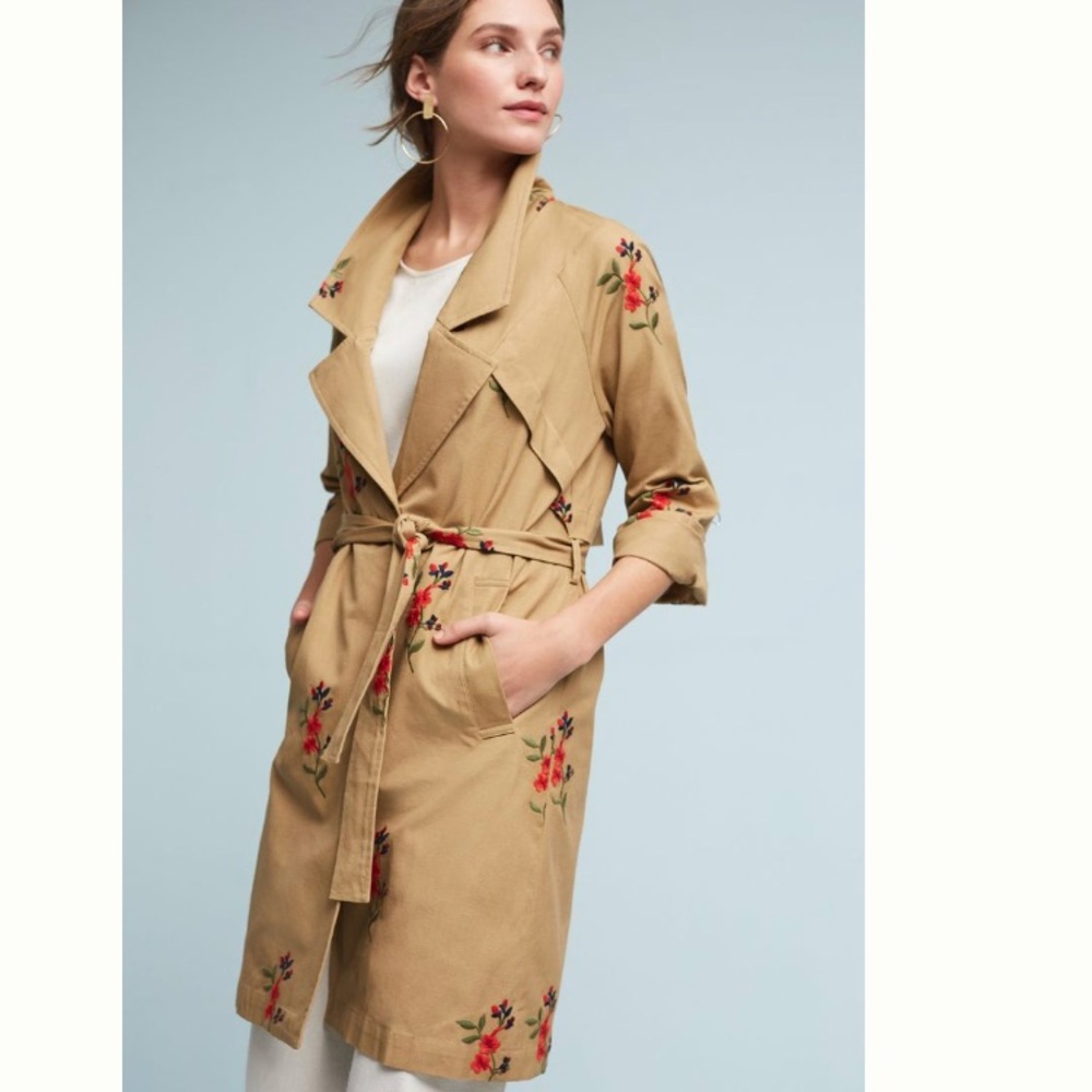 New Anthropologie Embroidered Floral Trench Coat